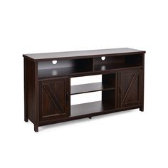 a wooden entertainment center with sliding doors on the front and side panels, in dark wood