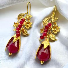 Gold Plated Red Stone Long Earrings, Golden Handmade Floral Dangle Ear – Glam Duchess Earrings Golden, Chunky Earrings, Perfect Palette, Earrings Red, Red Stone, Gold Plated Necklace, Fun Earrings, Long Earrings, Teardrop Earrings