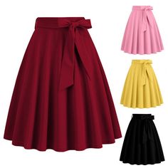 Summer Style Solid Women's Vintage Swing Pin Up Casual Runway Skirts High Waist Black Green Red Runway Skirts, Casual Runway, Red Cocktails, Women Skirt, Summer Dates, Bow Decor, Skirt Belt, Knee Length Skirt, A Line Skirt