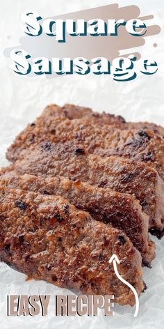 the recipe for square sausage is shown in front of a white background with an arrow pointing to it