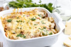 a casserole dish with meat and cheese