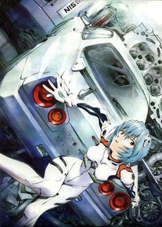 an anime character with blue hair and white skin, standing in front of a machine