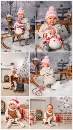 a collage of photos with babys in christmas outfits and presents on the floor