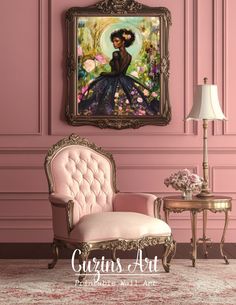 an ornate chair in front of a pink wall with a painting on the wall above it