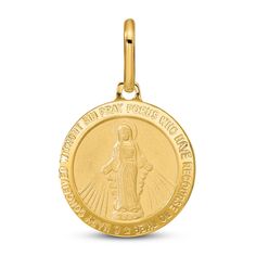 A bold symbol of faith, this dynamic pendant charm features a depiction of the Blessed Virgin, crafted in lustrous 14K yellow gold. Yellow Gold Coin Pendant For Commemoration, Yellow Gold Medallion For Commemoration, Engraved Yellow Gold Medallion Charms, Gold Pendant Charm With Polished Finish, Gold Polished Pendant Charm, Yellow Gold Hallmarked Round Pendant Charms, Symbolic Engraved Yellow Gold Charms, Spiritual 14k Yellow Gold Charms, Symbolic Yellow Gold Round Pendant Charms