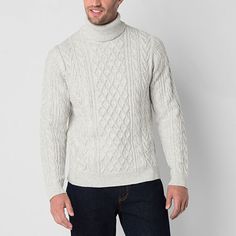 The classic, cozy design of this mutual weave men's turtleneck sweater makes it a versatile piece for the colder months. It features a cable-knit pattern, long sleeves and ribbed trims. Wear it with jeans or pants and boots. Closure Type: Pullover HeadFit: Regular FitNeckline: TurtleneckSleeve Length: Long SleeveApparel Length: 27.5 Inches - FrontFiber Content: 93% Nylon, 7% AcrylicCare: Tumble Dry, Machine WashCountry of Origin: Imported Mens Turtleneck, Cozy Design, Turtleneck Long Sleeve, Large Sweaters, Small Sweater, Long Sleeve Pullover Sweater, Cable Sweater, Sweater White, Knit Pattern