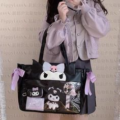 ♡ Material: PU+PVC♡ Dimensions: 10 x 39 x 29 cm⚠️ Toys and other stuffs in the bag are NOT included♡ Handling time before shipping: 7 business days Harajuku Style Bag With Cute Design For Students, Cute Cartoon Style Bag, Cartoon Style Cute Rectangular Bag, Black Kawaii Shoulder Bag As Gift, Purple Harajuku Student Bag, Purple Harajuku Style Student Bag, White Plastic School Bags, Cute Rectangular Shoulder Bag, Harajuku Style Purple Rectangular Bag