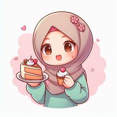 a woman holding a plate with a piece of cake on it and wearing a hijab