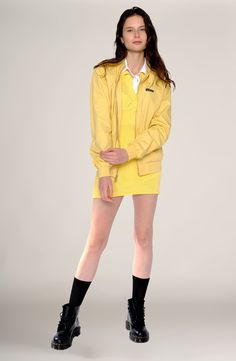 Yellow Jacket for Women's Classic Long Sleeve Track Jacket For Spring, Collared Windbreaker For Fall Streetwear, Classic Cotton Track Jacket For Spring, Classic Spring Cotton Track Jacket, Casual Spring Collared Track Jacket, Casual Hooded Sport Coat For Spring, Casual Long Sleeve Sport Coat For Spring, Spring Streetwear Long Sleeve Sport Coat, Casual Spring Sport Coat With Long Sleeves