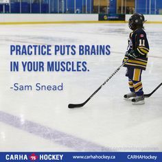 a young hockey player on an ice rink with the quote practice puts brain in your muscles