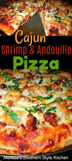 a pizza with spinach, shrimp and anoulie on it is shown in front of the words cajun shrimp & ampolite pizza