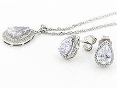 Bella Luce® 3.41ctw Pear Shape and Round White Diamond Simulants Rhodium Over Silver Pendant With Chain and 3.97ctw Pear Shape and Roundd White Diamond Simulants Rhodium Over Silver Earrings Set. Pendant Measures Approximately 2.5"L x 1.15"W, Earrings Measure approximately 1"L x 0.80"W, Push Backings. Chains measures 18"L, 2" Extender, Lobster Clasp. The Diamond Equivalent Weight is 5.00ctw. Classic Silver Jewelry Sets With Brilliant Cut, Classic Jewelry Sets With Sparkling Stones For Anniversary, Classic White Gold Jewelry Sets With Diamond Accents, Classic White Gold Jewelry Sets With Matching Earrings, Classic Jewelry Sets With Diamond Accents For Anniversary, White Gold Prong Setting Jewelry Sets For Formal Occasions, Classic Diamond Cut Jewelry Sets, Formal Classic Jewelry Sets With Diamond Accents, Classic Silver Jewelry Sets With Prong Setting