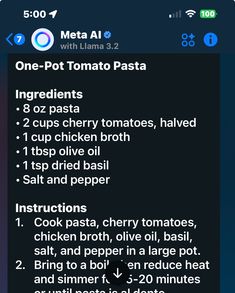 an iphone screen showing instructions for cooking with tomato paste and other ingredients on the phone