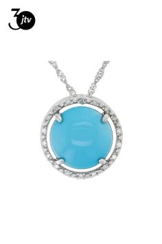 10mm Round Blue Sleeping Beauty Turquoise With 0.05ctw Round White Diamond Rhodium Over 14k White Gold Pendant With 18" Singapore Chain. Measures Approximately 0.55"L x 0.52"W. Lobster Claw Clasp. Turquoise Diamond Necklace Fine Jewelry, Elegant Turquoise Necklace With Diamond Accents, Elegant Turquoise Necklaces With Diamond Accents, Turquoise Fine Jewelry With Accent Stones, Round Gemstones With Diamond Accents For Gifts, Turquoise Diamond Necklace In Fine Jewelry Style, Turquoise Sterling Silver Jewelry With Accent Stones, Turquoise Round Pendant Necklace For Anniversary, Turquoise Jewelry With Halo Setting For Gift