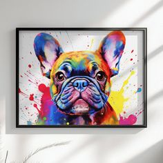 a painting of a dog is hanging on the wall