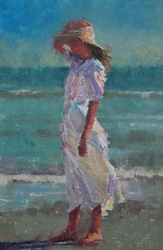 a painting of a woman walking on the beach with her hat in her hand, looking out to sea