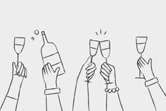 four hands holding wine glasses and toasting with bubbles coming out of the top one