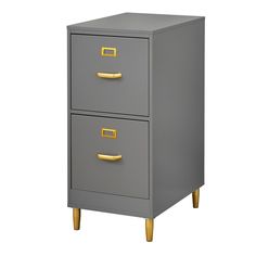 a gray and gold file cabinet with two drawers on one side, the other is open