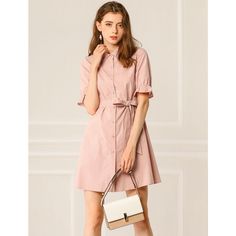 With ruffled short sleeves and a flattering tie at the waist, this shirt dress is crafted from soft cotton. Transition easily from day to night in this shirt dress in workwear style - a classic full button front with a pointed collar and waist tie. Available in a variety of styles, this solid A-line dress is belted, pointed collar, knee-length, ruffled short sleeves, button-down collar, solid color, belted dress, and heels for a retro look, perfect for everyday wear or weekend events. Feminine Cotton Shirt Dress For Day Out, Feminine Short Sleeve Cotton Shirt Dress, Spring Short Sleeve Shirt Dress For Work, Spring Short Sleeve Shirt Dress For Day Out, Spring Short Sleeve Shirt Dress With Tie Waist, Short Sleeve Shirt Dress For Spring Day Out, Spring Shirt Dress With Tie Waist And Short Sleeves, Feminine Short Sleeve Shirt Dress For Work, Pink Short Sleeve Shirt Dress For Daywear