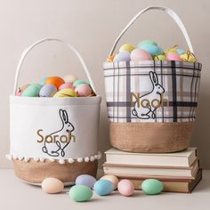 two baskets filled with easter eggs next to each other