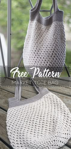 a crocheted bag sitting on top of a wooden bench with the text free pattern market tote bag