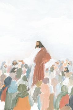 a painting of jesus standing in front of a crowd