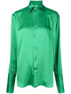 emerald green silk straight-point collar front button fastening long sleeves straight hem Yoko London, City Dress, Summer Beach Wear, Green Silk, Silk Shirt, Lady Dior, Jacket Tops, Emerald Green, Denim Dress