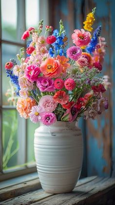 a white vase filled with colorful flowers on top of a window sill next to a window