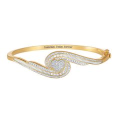 A romantic diamond treasure to celebrate all of life’s moments.An enchanting swirling heart bangle lavished with glistening 14kt gold.Radiant with 20 genuine baguette and round diamonds, hand-set for maximum sparkle.Tenderly inscribed “Yesterday, Today, Forever.” Perfect for Valentine’s Day, anniversaries, birthdays or “just because.” Elegant Diamond Bracelet With Accents For Valentine's Day, Diamond Bracelet For Anniversary On Valentine's Day, Cubic Zirconia Diamond Bracelet For Anniversary On Valentine's Day, Cubic Zirconia Diamond Bracelet For Valentine's Anniversary, Valentine's Day Wedding Diamond Bracelet Fine Jewelry, Anniversary Diamond Bracelet With Pave Setting, Diamond Treasure, Danbury Mint, Diamond Heart