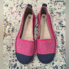 Fun Blue And Pink Studded Flat Espadrilles. Fabric Upper, Balance Man Made. All Items From Smoke Free And Pet Friendly Home. Mountain Shoes, White Mountain Shoes, White Mountain, Flat Espadrilles, Espadrille Shoes, Blue And Pink, Cute Shoes, Pet Friendly, Pink White