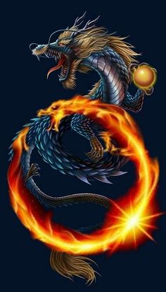 a blue dragon with orange flames around it