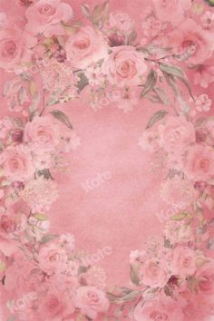 a pink background with roses and leaves on the bottom right corner is an oval frame