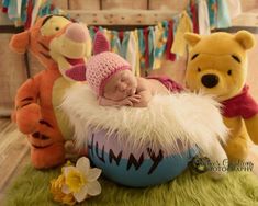 a baby sleeping in a basket with winnie the pooh and tigger plush toys