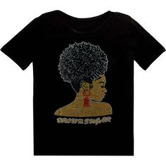 Brown Sugar The design is created with bright rhinestones in traditional African colors. This lower neckline, t-shirt style top offers a comfort feel and comes in three Women's sizes : Petite (S-M), One Size (L-XL), Plus (2XL-3XL) Colors : Black or White   *All Bling Designs Can Be Added To Cotton T-shirt, Stretch Shirt Or Stretch Top ➡️95% Polyester 5% Spandex ➡️Preshrunk laundered fabric to reduce shrinkage  ➡️Double-stitched sleeve and bottom hem ➡️Imported; processed and printed in the U.S.A Trendy Black T-shirt With Glitter Print, Rhinestone Graphic Tee With Crew Neck, Trendy Black Tops With Rhinestone Fringe, Embellished Graphic Tee With Short Sleeves, Graphic Tee With Rhinestones And Crew Neck, Graphic Tee T-shirt With Rhinestones, Short Sleeve, Gold Short Sleeve Top With Glitter Print, Gold Short Sleeve Tops With Glitter Print, Black Crew Neck T-shirt With Rhinestones