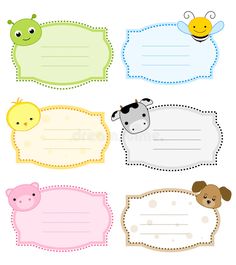 four blank labels with cute animals and bees on the top one is for children's room