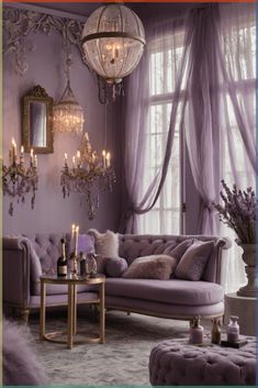 a living room filled with purple furniture and chandelier hanging from the ceiling next to a window