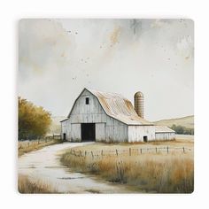 a painting of a barn in the country