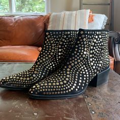 Vince Camuto Black Booties With Gold Embellishments! Vince Camuto Studded Boots, Studded Boots, Vince Camuto Shoes, Brown Leather Boots, Black Booties, Tall Boots, Suede Boots, Shoes Heels Boots, Vince Camuto