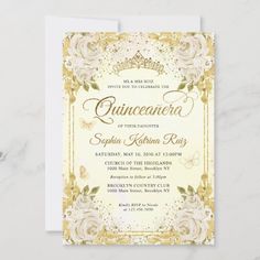 an elegant quinceaue wedding card with gold foil and roses on it,