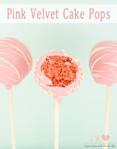 three pink velvet cake pops with sprinkles on top and the words, pink velvet cake pops