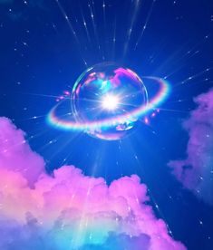 a soap bubble floating in the sky with stars and clouds around it on a sunny day