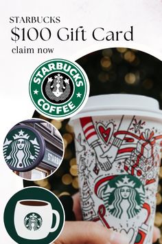 the starbucks gift card is being held up in front of a christmas tree and coffee cup