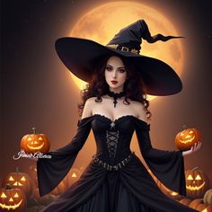 a woman dressed up as a witch with pumpkins