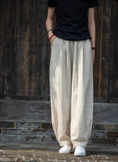 Lasaky - Artistic Loose-Fit Sand-Washed Casual Straight-Leg Pants in Lightweight Cotton and Linen Lantern Style Baggy Pants Women, Loose Linen Pants, Cotton Linen Trousers, Top Wedding Dresses, Bandage Dress Bodycon, Faux Leather Dress, Costume Intero, Leather Dresses, Linen Trousers