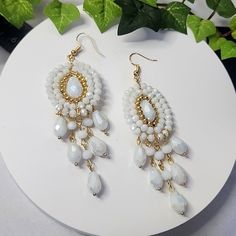 Beautiful Chandelier Style Earrings Artisan Crystal Ab White Crystal And 18k Gold Plated Hardware And Beadwork Hook Style New @35 Artisan Statement Casual Dressy Work Office Wedding White Iridescent Boho Ethnic White Faceted Beads Beaded Earrings Gift, White Faceted Beaded Earrings As A Gift, White Dangle Earrings With Faceted Beads, White Teardrop Chandelier Earrings, White Faceted Beads Dangle Jewelry, White Faceted Beads Drop Earrings, White Beaded Earrings With Faceted Round Beads, White Faceted Beaded Round Earrings, White Round Beaded Earrings With Faceted Beads