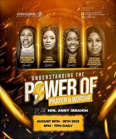 the power of prayer and worship flyer with four women in front of an orange background