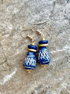 Tribal Boho Earrings Ethnic Clay, Bone and Brass African Beads Blue Wooden Beads Festival Jewelry, Blue Wooden Beads Jewelry For Festival, Artisan Blue Earrings, Traditional Blue Jewelry With Wooden Beads, Artisan Blue Earrings For Festival, Traditional Blue Jewelry For Beach, Traditional Blue Beach Jewelry, Artisan Blue Brass Earrings, Bohemian Hand Painted Brass Jewelry