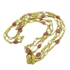 Vintage Vendome Pink Satin Textured & Faceted Crystal Beaded Necklace Gold Tone Crystal Beaded Necklace, Gold River, Crystal Bead Necklace, Box Clasp, Glass Bead Necklace, Faceted Crystal, Pink Satin, Link Necklace