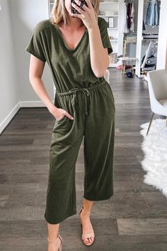 Green V Neck Short Sleeve Jumpsuit Chic V-neck Relaxed Fit Jumpsuits And Rompers, Casual V-neck Stretch Jumpsuits And Rompers, Casual Short Sleeve Jumpsuits And Rompers For Loungewear, Casual Short Sleeve Jumpsuits And Rompers For Day Out, Green V-neck Jumpsuit For Loungewear, Fall V-neck Jumpsuits And Rompers In Solid Color, Spring Solid Color Relaxed Fit Jumpsuits And Rompers, Spring Relaxed Fit Solid Color Jumpsuits And Rompers, Short Sleeve Jumpsuits And Rompers With Pockets For Loungewear