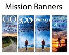 three book covers with the words, mission banners and an image of two people walking down a